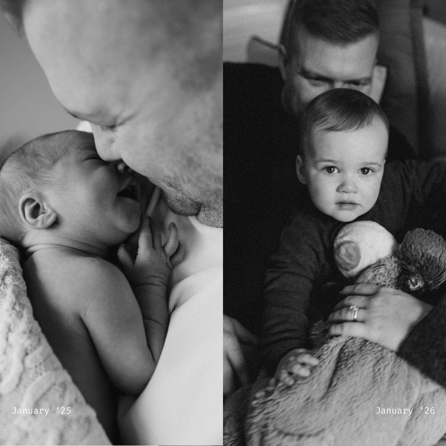 a before an after of a father and his son from when he was a new born to one year old
