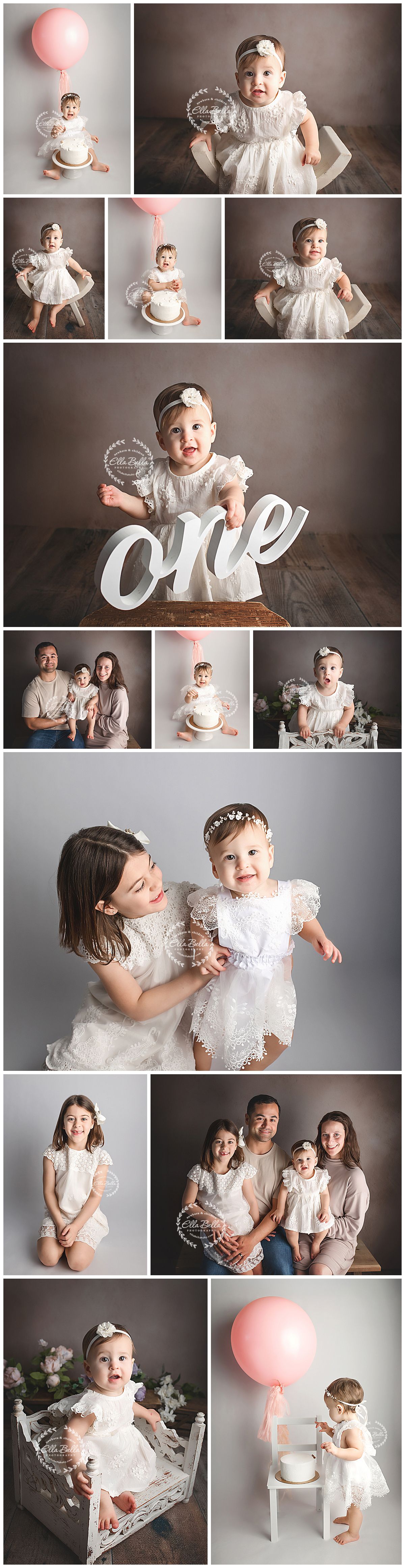 Professional first birthday photo collage featuring white lace dress, pink balloon, and cake smash portraits against grey backdrop.