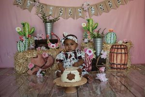 Rustic cowboy-themed party setup featuring cactus decorations, wooden elements and festive banner on pink background.