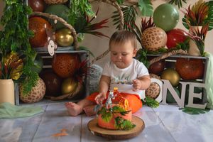 A sequence of photos showing someone crafting decorative paper pumpkins and fall-themed crafts at a table with plants.