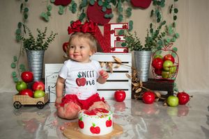 A baby in red clothing poses with apples and a cake in a farmhouse-style photo setting.