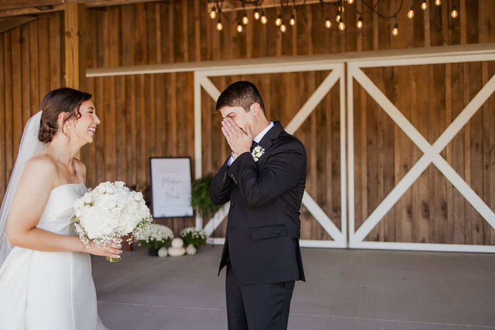 Bride and groom emotional first look zionsville Indiana