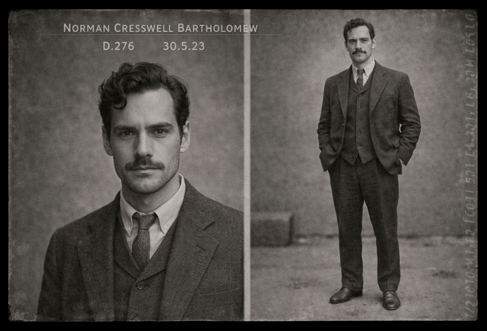 Vintage black and white mugshot of Norman Cresswell Bartholomew, D.276, dated 30.5.23, showing front and side views.