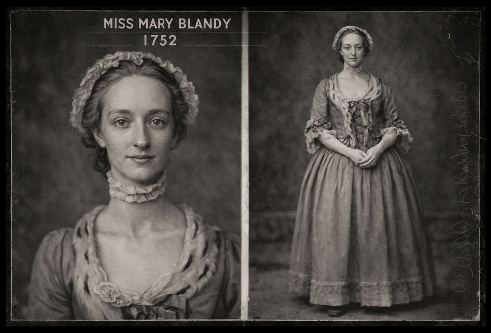 Vintage 1752 mugshot-style portrait of Miss Mary Blandy in period dress and lace cap, dual view photograph.