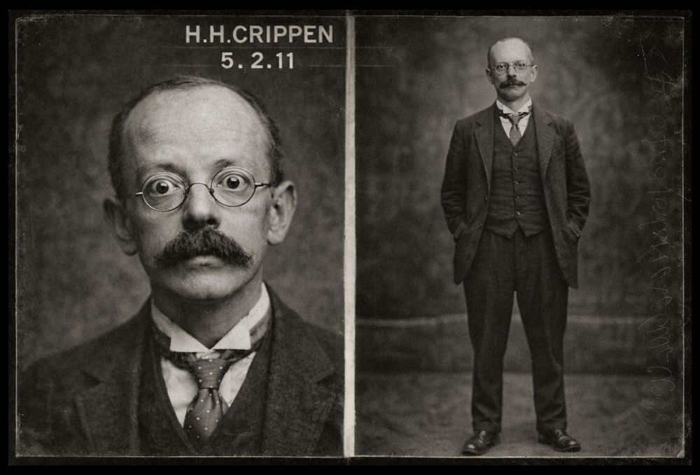 Black and white mugshot of H.H. Crippen dated 5.2.11, showing front and full-body views of a mustachioed man with glasses.