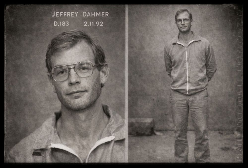Black and white mugshot of Jeffrey Dahmer, dated February 11, 1992, showing front and side profile views.