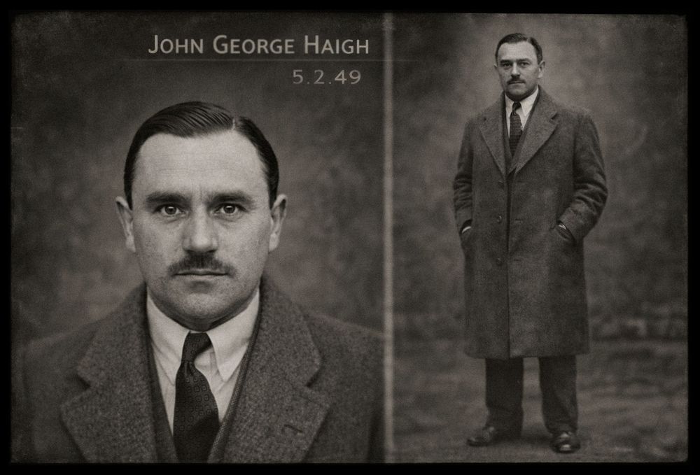 Black and white mugshot of John George Haigh, dated 5.2.49, showing front and side profile views.