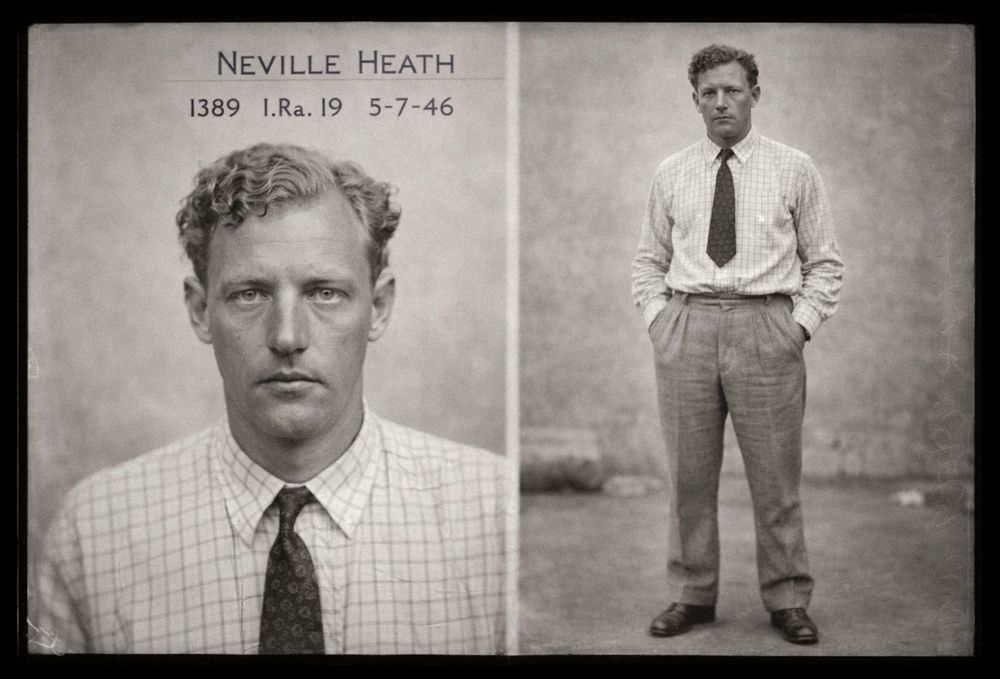 Vintage mugshot of Neville Heath dated 5-7-46, showing front and full-body views in shirt and tie.
