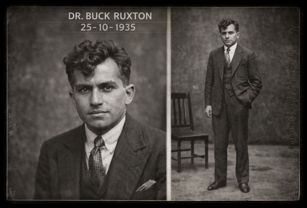 Vintage 1935 mugshot of Dr. Buck Ruxton in a suit, featuring close-up and full-length portrait views.