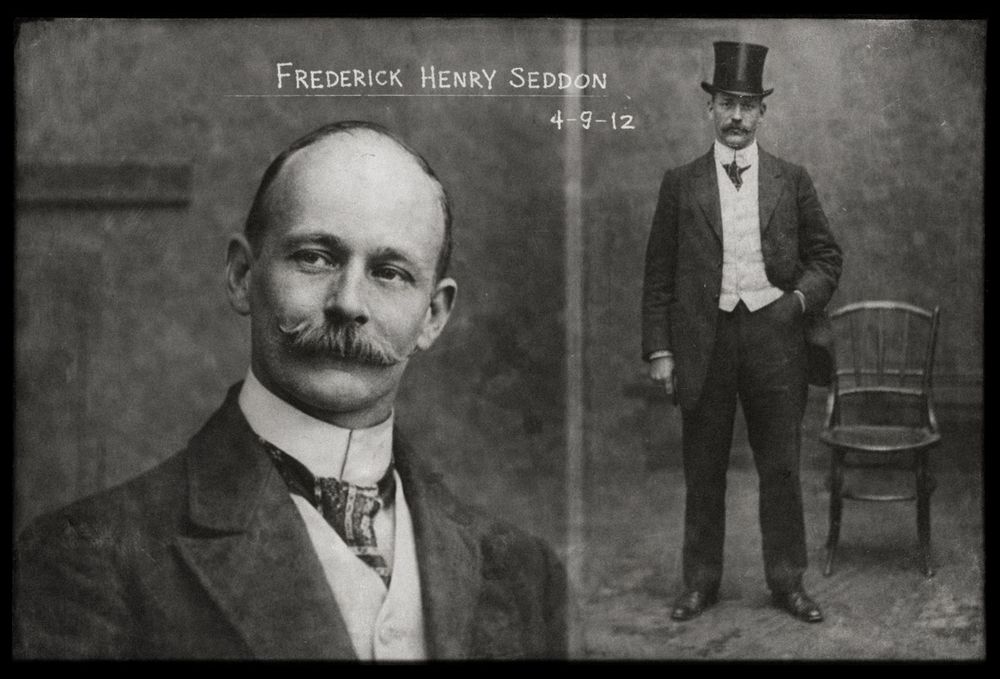 Vintage black and white mugshot of Frederick Henry Seddon dated 4-9-12, showing portrait and full-length views in formal attire.