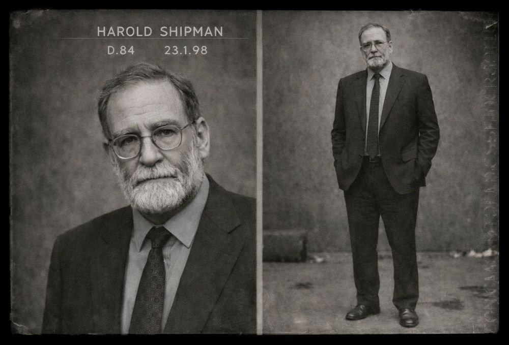 Black and white mugshot of Harold Shipman dated 23.1.98, showing front and full-body views of a bearded man in a dark suit.