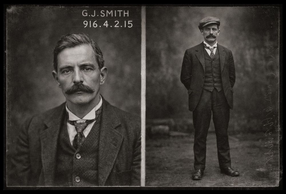 Vintage black and white mugshot of G.J. Smith dated 1915, showing a mustachioed man in a suit, front and side view.
