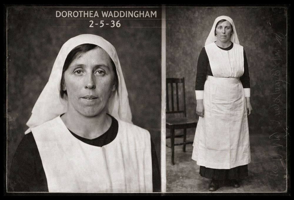 Vintage 1936 mugshot of Dorothea Waddingham in nurse uniform with apron and cap, dual portrait views.