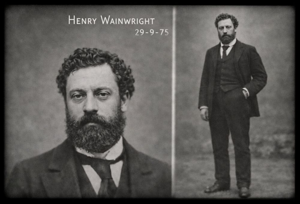 Antique dual-pose mugshot of Henry Wainwright dated 29-9-75, bearded Victorian-era man in formal attire.