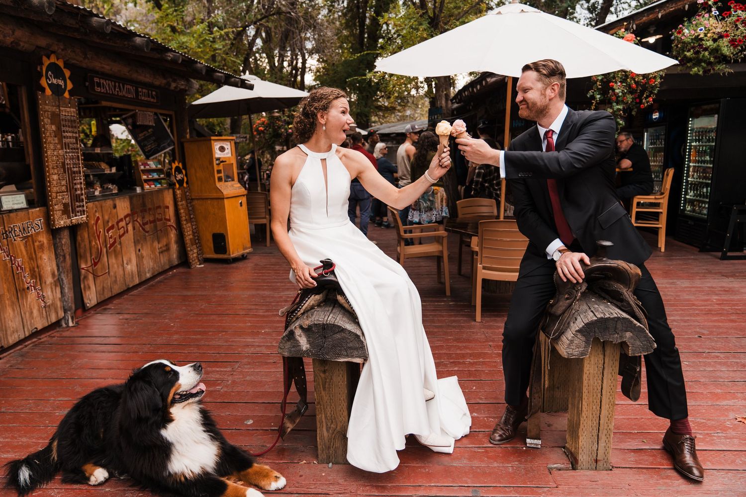 Bride and groom toast ice cream cones on deck with Bernese Mountain Dog at rustic outdoor venue. north cascades elopement wedding