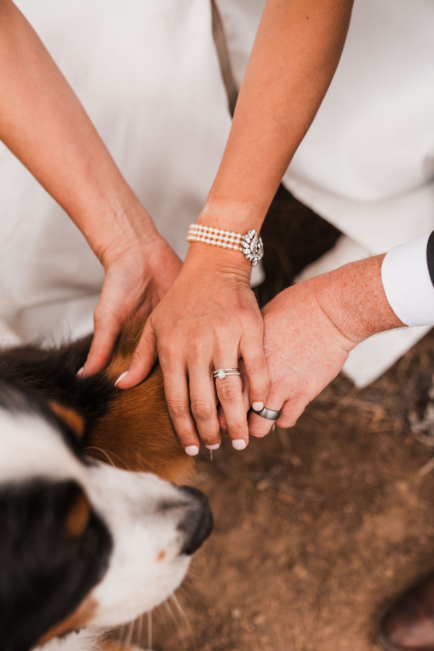 Newlywed couple wearing wedding rings petting a dog together, bride wearing pearl bracelet and engagement ring. north cascades elopement wed