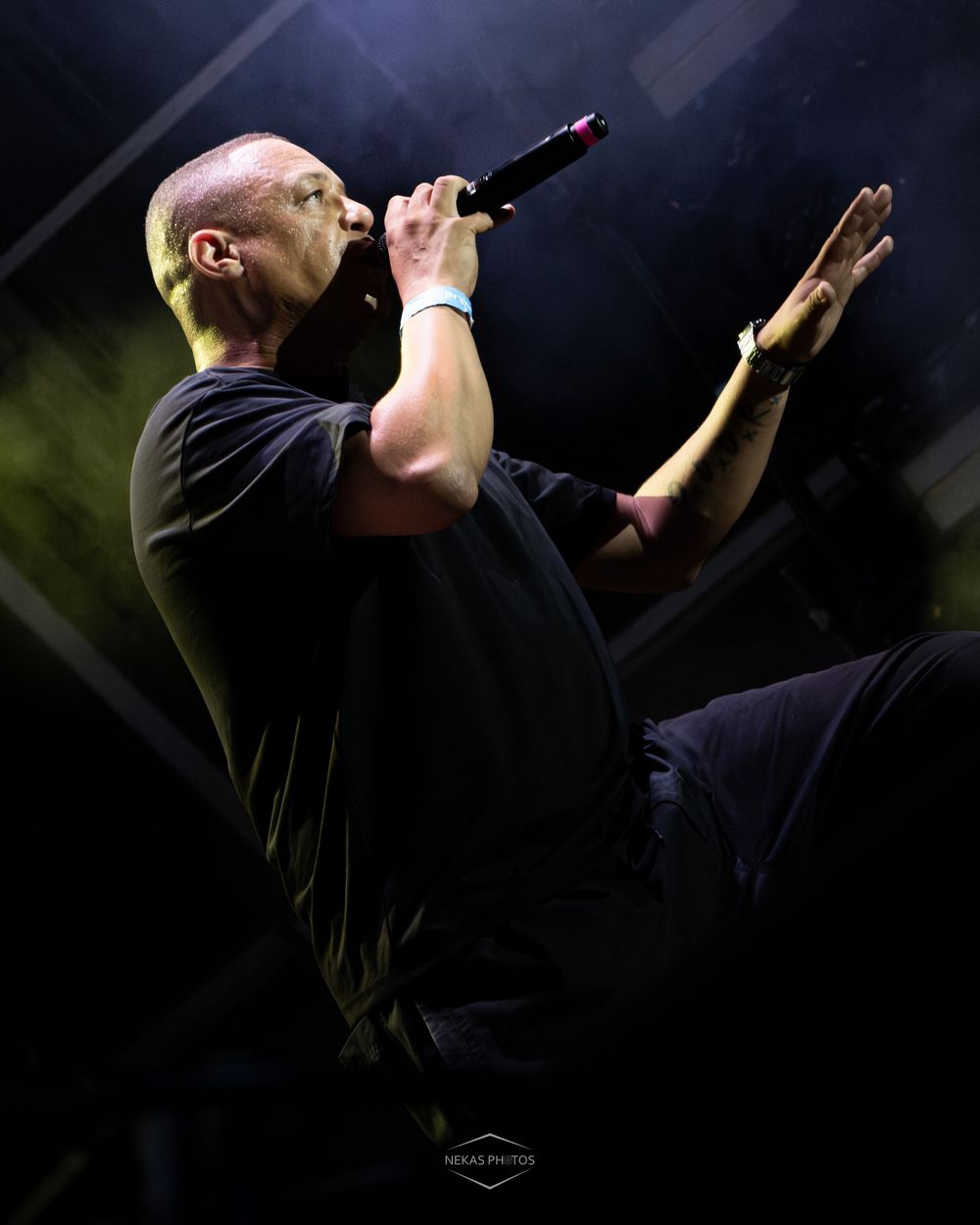 Bald male singer performing on stage, holding microphone, wearing black t-shirt, dramatic lighting with light beams.