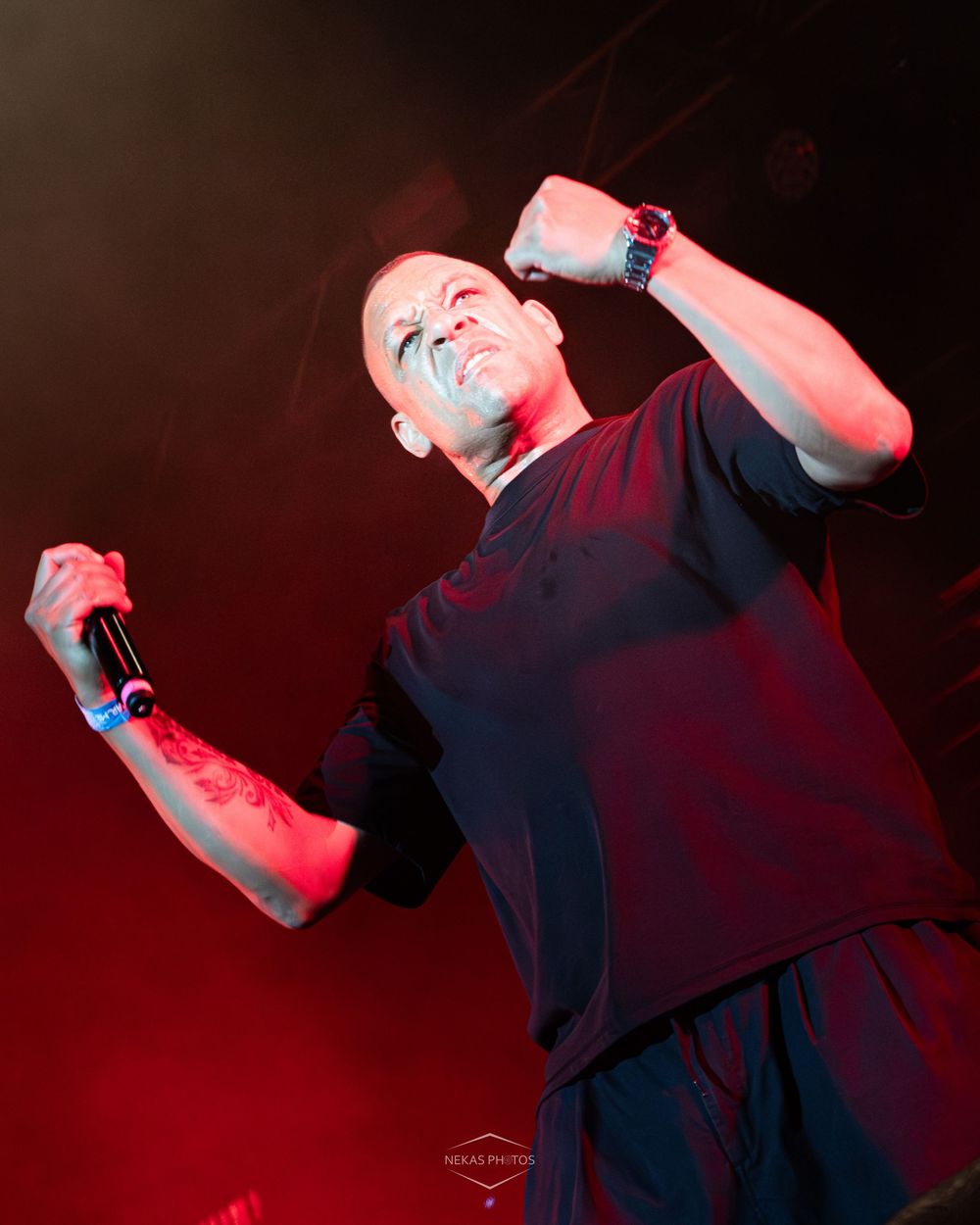 Male performer on stage singing into microphone with fist raised, illuminated by red stage lighting.