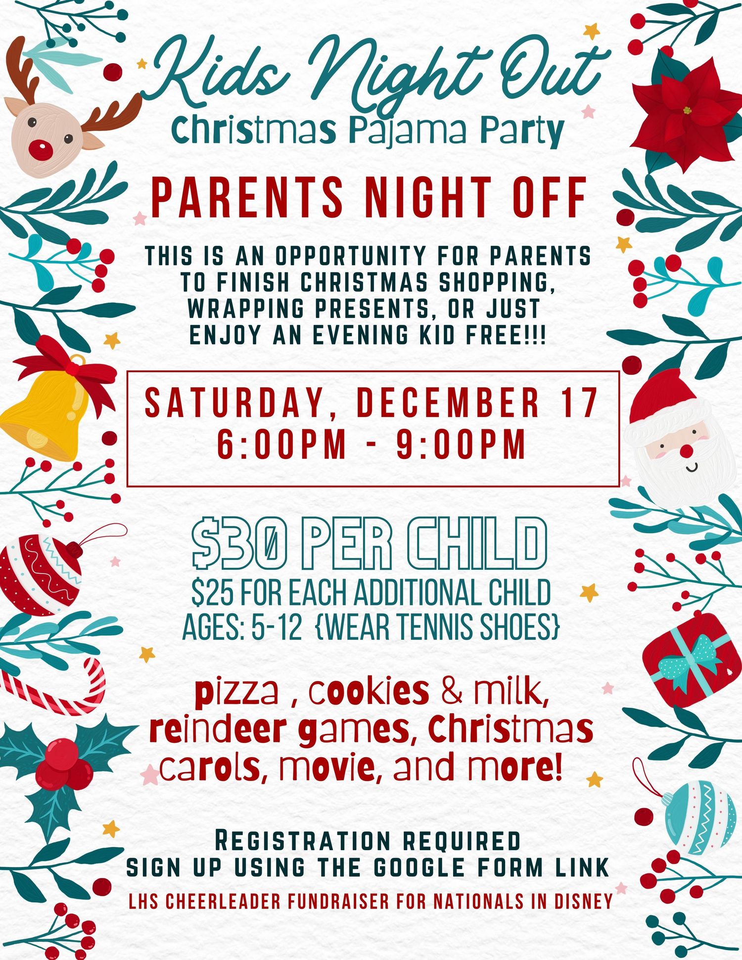 Kids Night Out Christmas Pajama Party flyer for Dec 17, 6-9PM, $30 per child, ages 5-12, pizza, games, movie.