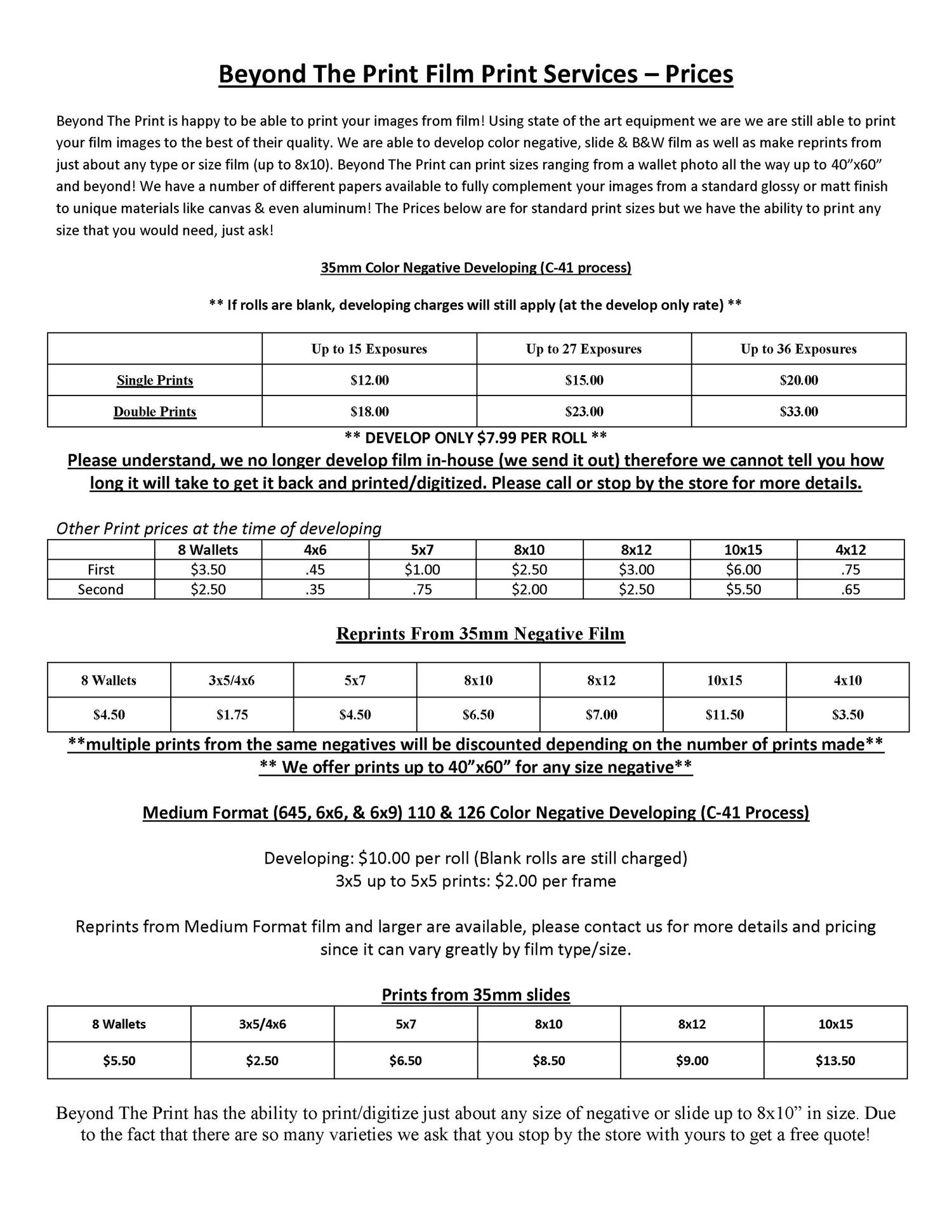 Beyond The Print Film Print Services pricing list showing photo developing costs, reprint prices, and medium format options.