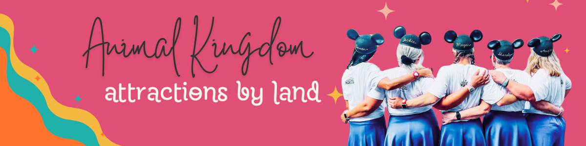 Theme park attractions banner with colorful rainbow design and performing musicians.