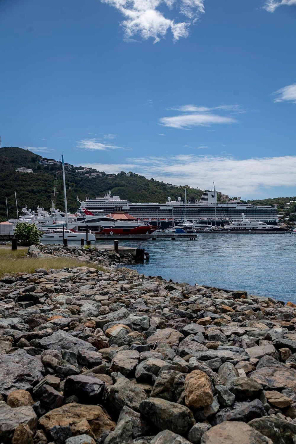 Rocky shoreline with cruise ships and yachts docked at a tropical harbor marina beneath a blue sky.