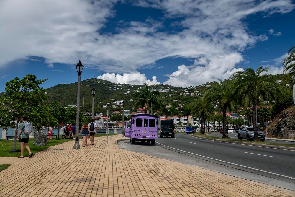 Purple trolley bus on a sunny Caribbean street with palm trees, mountains, and blue skies in St. Thomas, USVI.