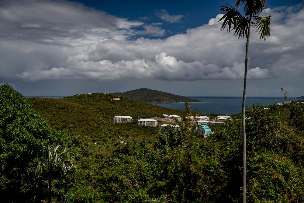 Tropical island landscape with lush greenery, white buildings, palm tree, and ocean views under cloudy sky.