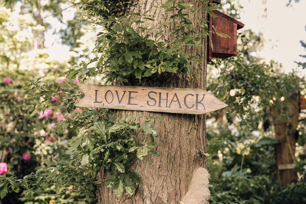 A rustic wooden 'Love Shack' sign mounted on a tree trunk surrounded by green foliage.