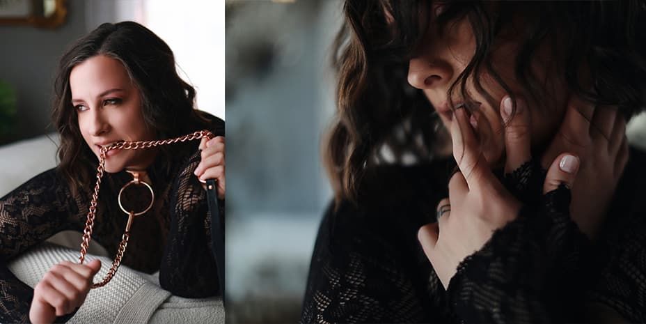 A moody cinematic montage shows intimate moments between a couple in dramatic lighting and atmospheric settings.
