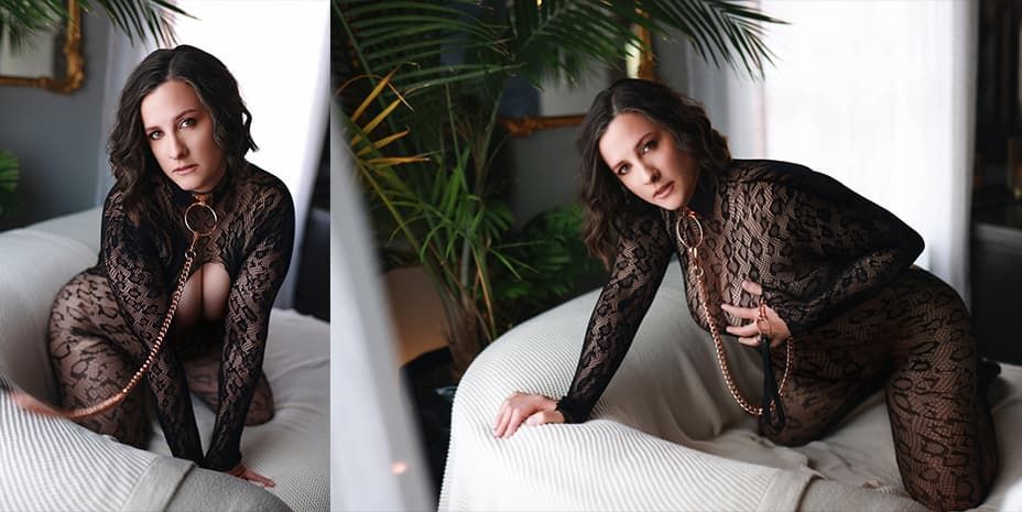 A person in brown lace loungewear poses on a white sofa next to tropical plants in an interior setting.