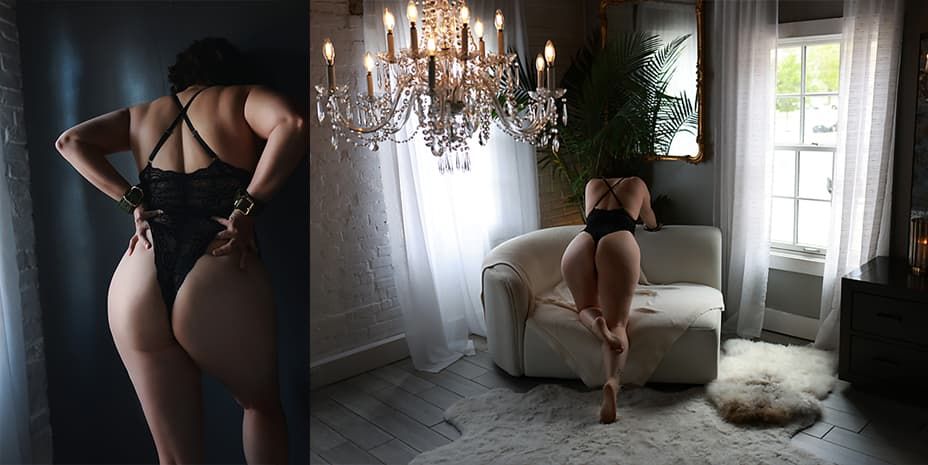 Artistic boudoir photos in luxurious room with crystal chandelier, white armchair and natural window light create elegant mood.