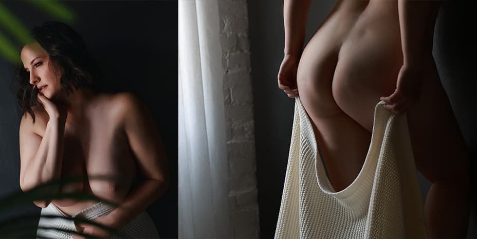Two artistic boudoir photographs showing intimate silhouettes against soft natural window lighting.