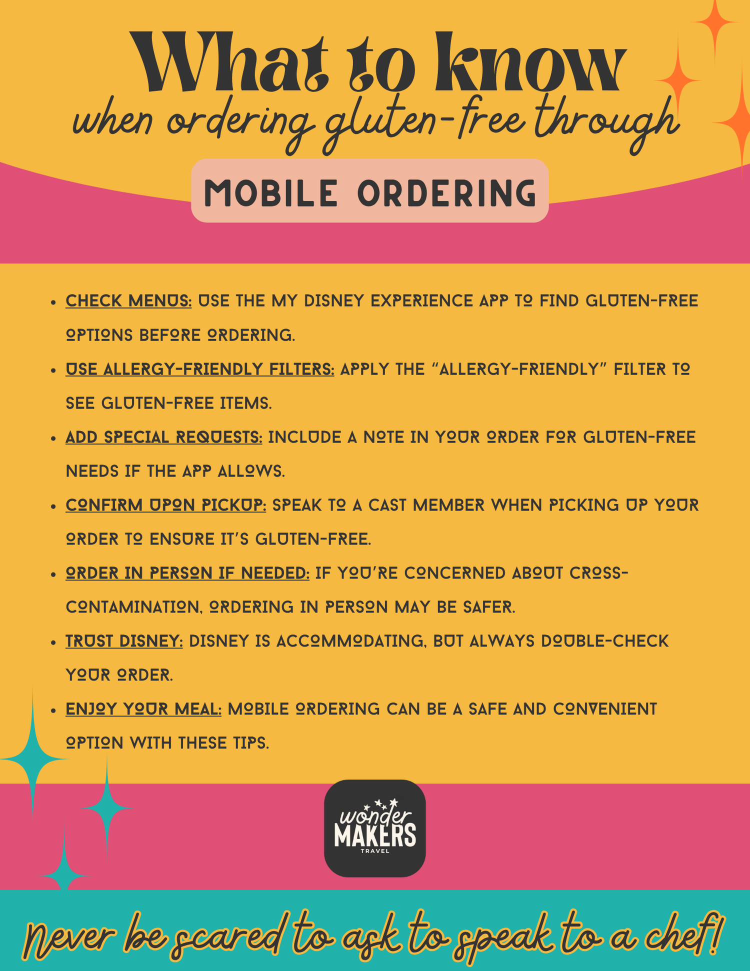 Mobile ordering instructions for gluten-free meals with pink gradient background.