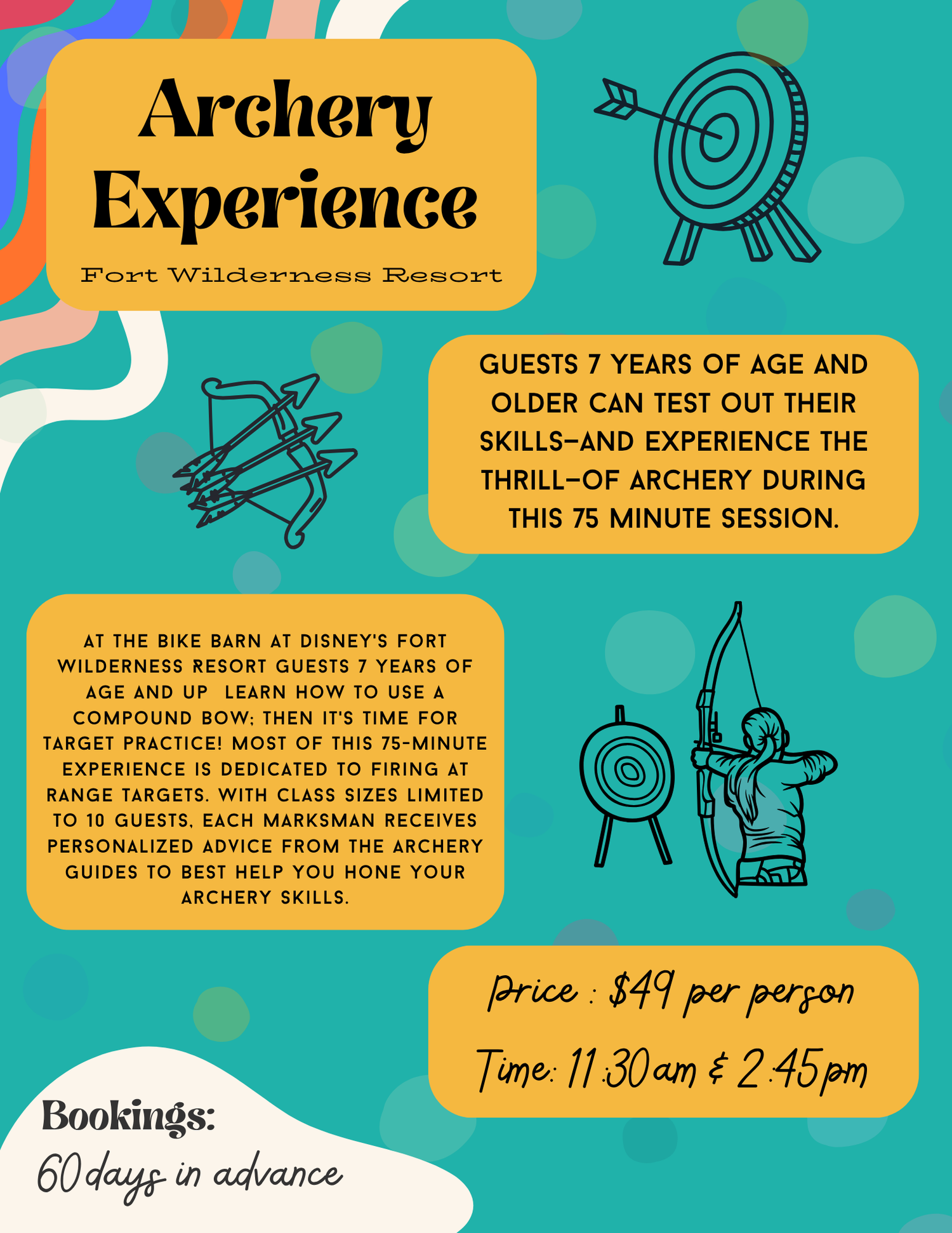Activity poster for archery experience at Fort Wilderness Resort with target icons and session details.