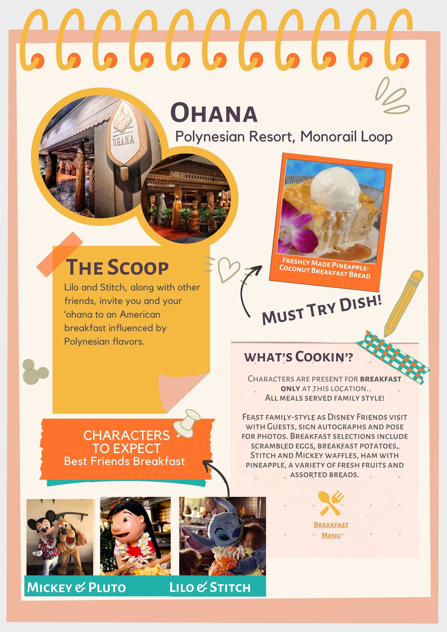 An infographic about Ohana restaurant at Disney's Polynesian Resort featuring food photos and dining information.