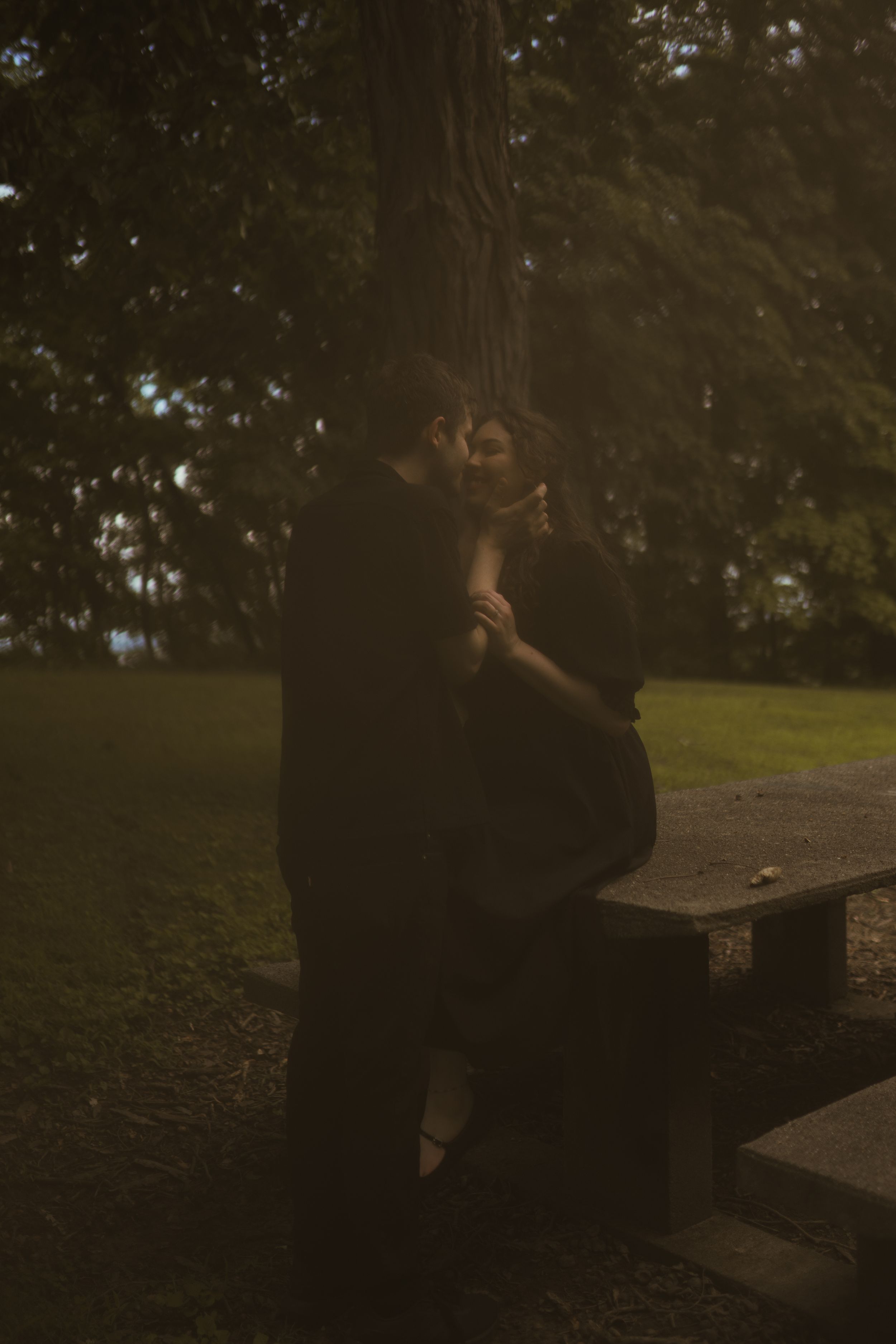 Two figures embrace against a dark wooded backdrop in atmospheric lighting.