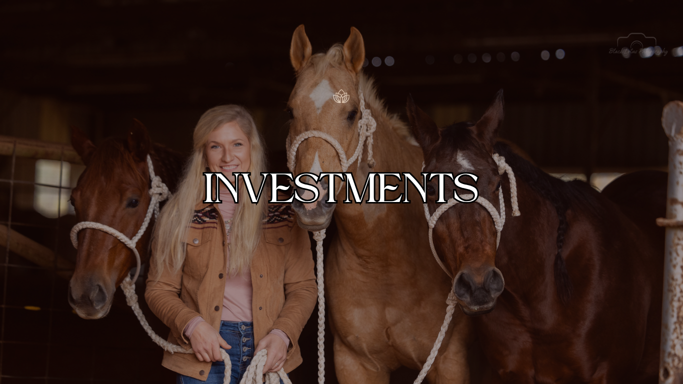 Three chestnut horses stand together in a barn stable with text overlay reading 'Investments'.