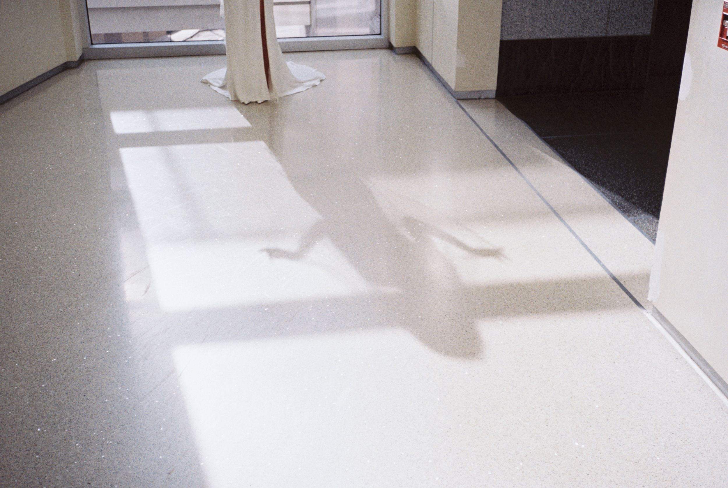 Shadow of an airplane visible on white flooring through windows in an interior hallway or corridor.