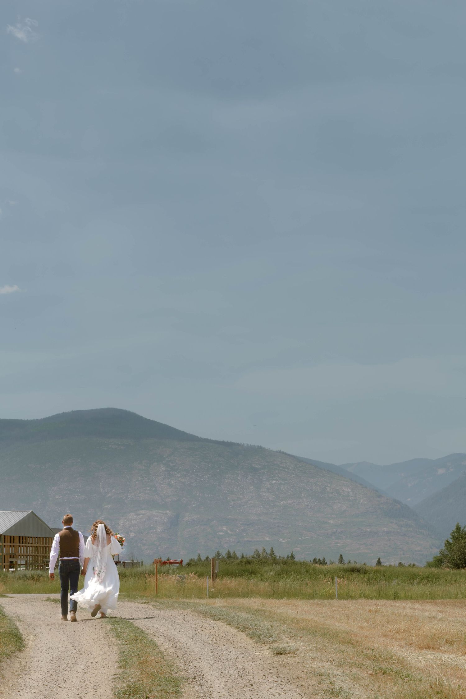 Bride and groom walking beyond the group in front of Bonner's Ferry mountains near Canadian border.