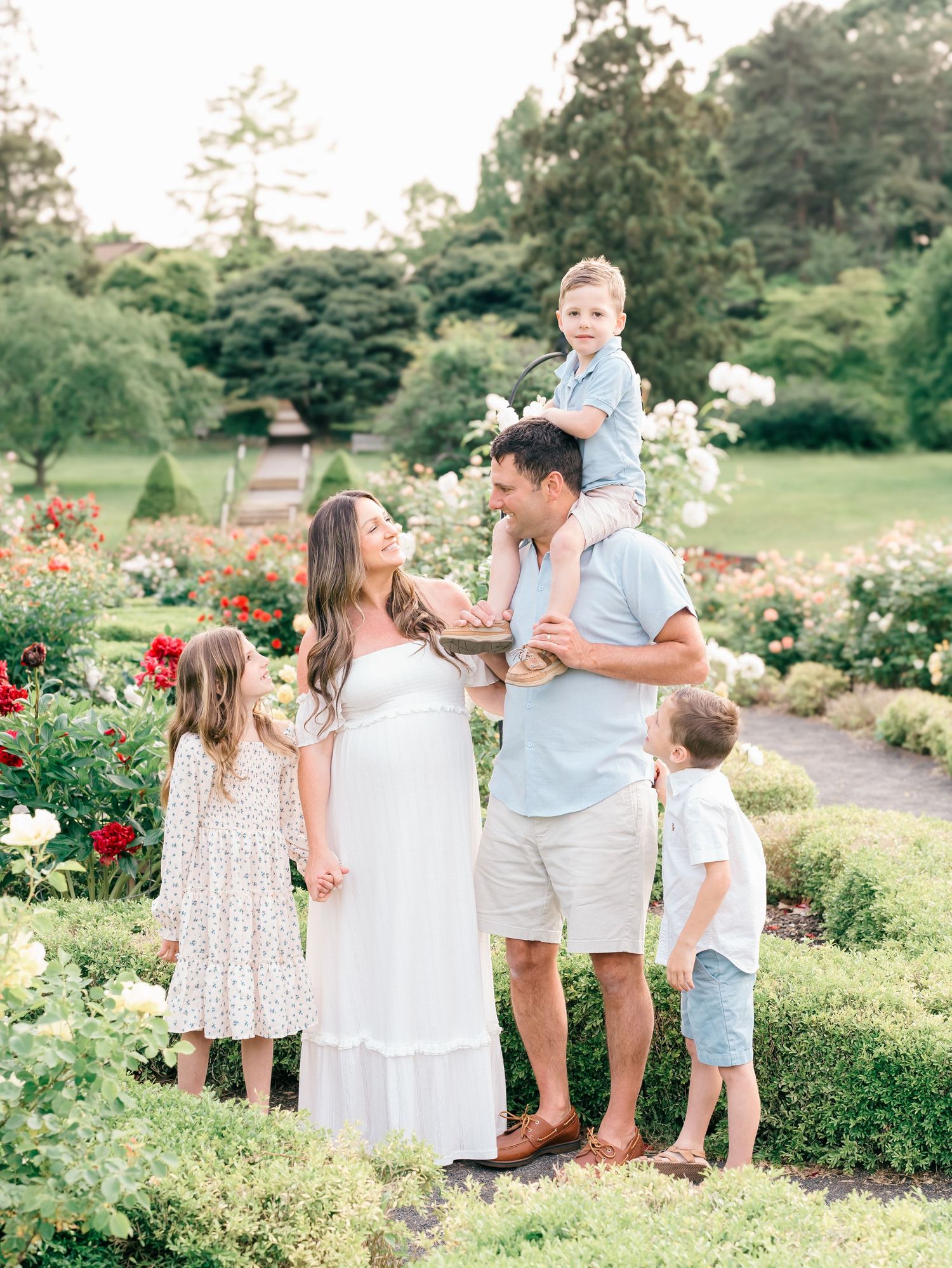 Golden hour family photo in a field of wildflowers at Deep Cut Gardens, NJ.