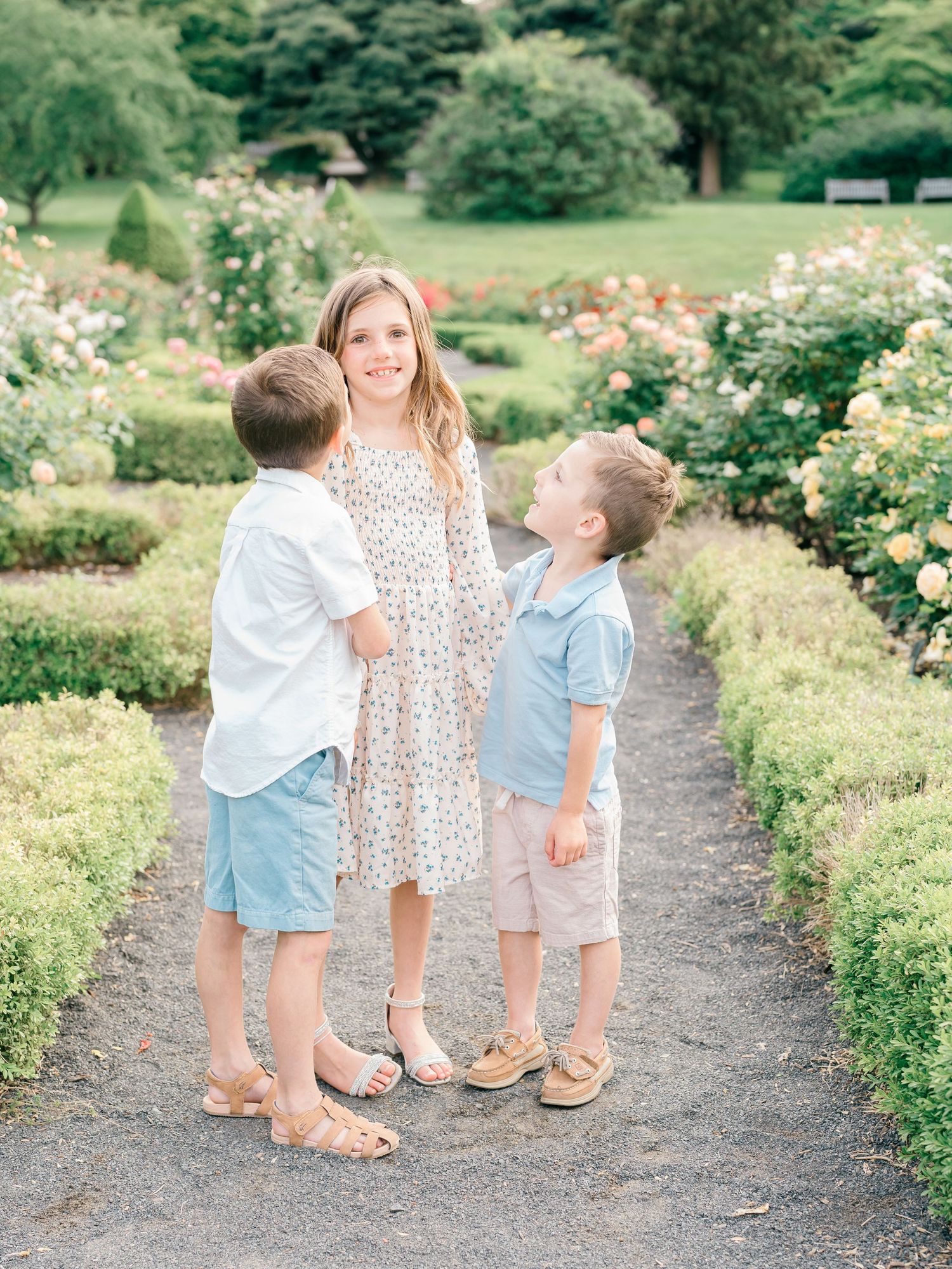 Three siblings hold hands in rose garden in Middletown nj.