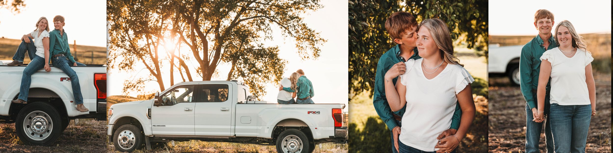 Three stylish images showing couples enjoying an outdoor photoshoot during golden hour with vintage trucks in a rustic setting.
