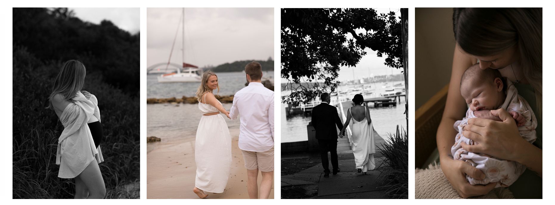 A romantic collection of black and white wedding photos showing intimate moments and details throughout the ceremony.