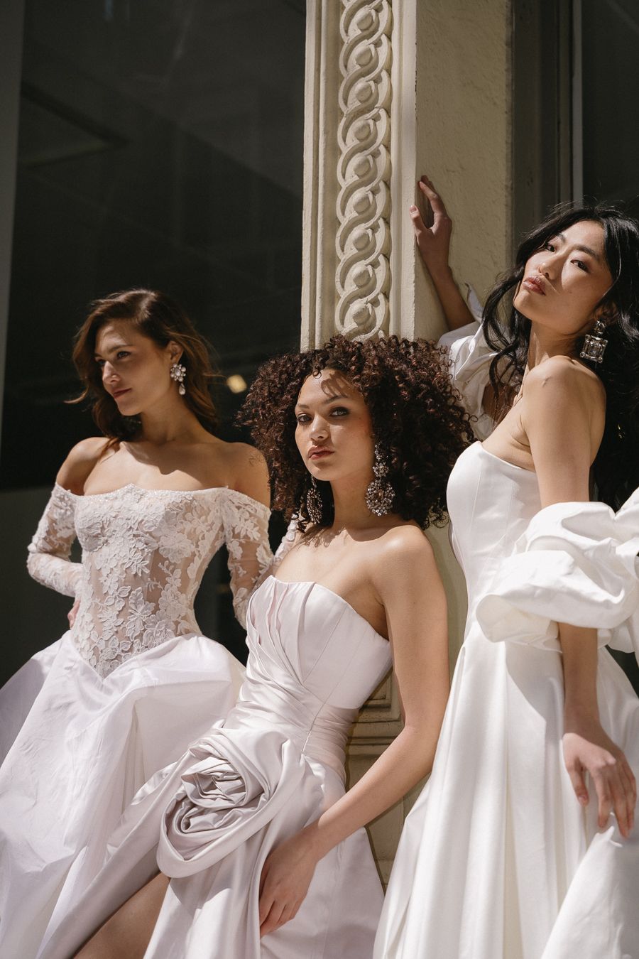 A series of ethereal portraits showing women in white dresses posing dramatically against a light backdrop.