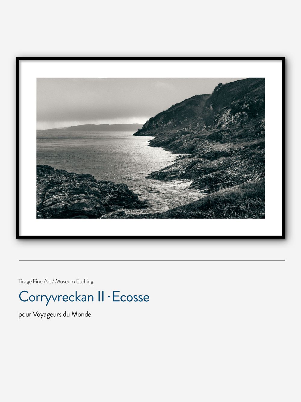 Black and white coastal landscape photograph showing dramatic cliffs and rocky shoreline of Corryreckan in Scotland.