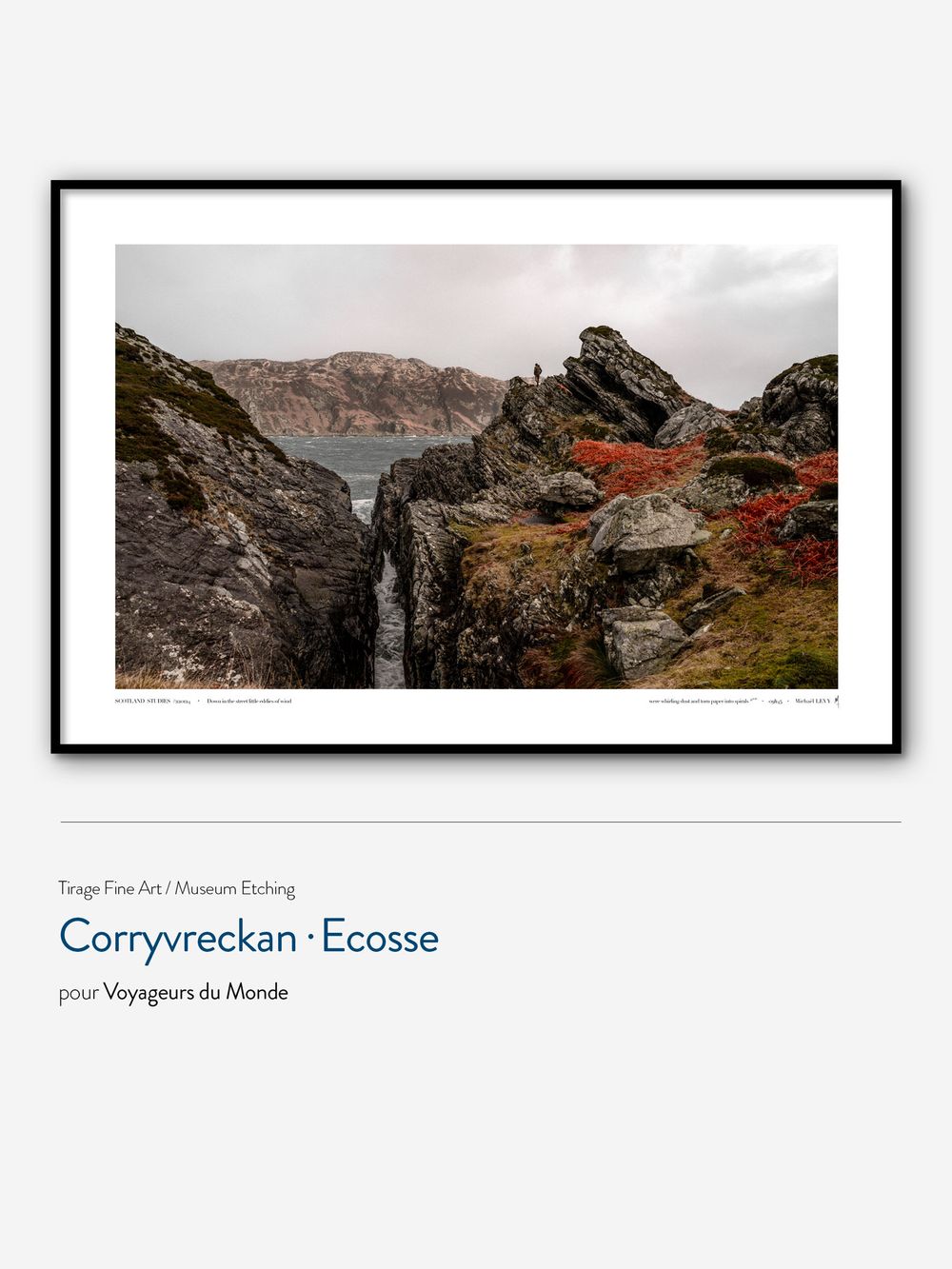 Dramatic mountain landscape of Corryreckan in Scotland with rugged cliffs and autumn colors under moody skies.