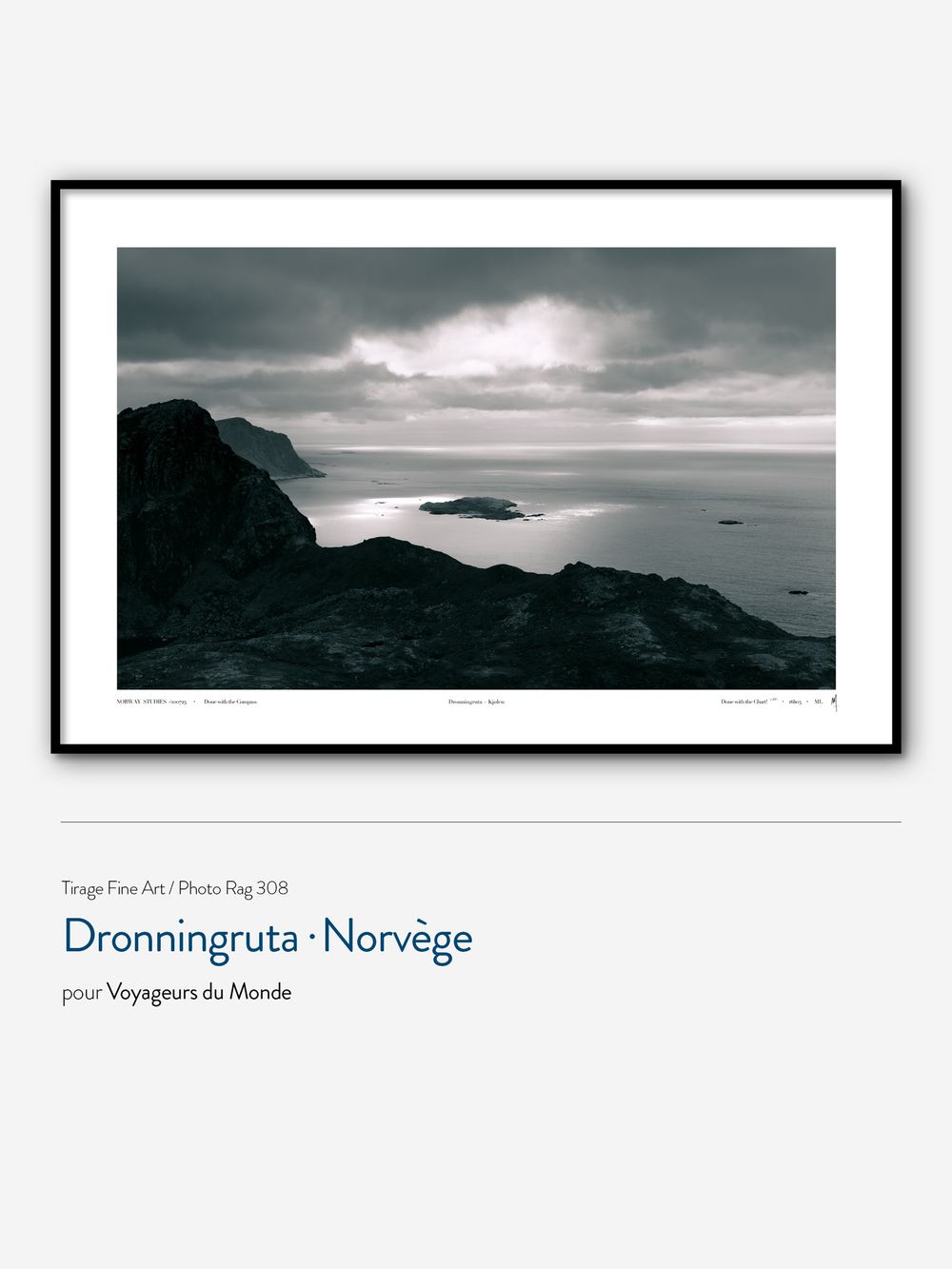 Black and white fine art print of Dronningruta Norway coastline with dramatic clouds, framed poster for Voyageurs du Monde.