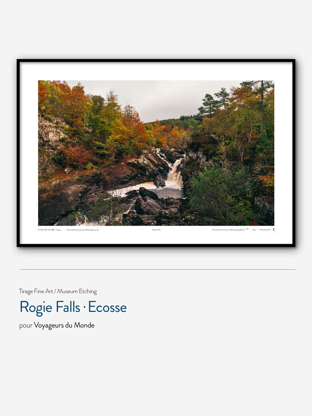 Scenic waterfall cascading through autumn foliage at Rogie Falls in Scotland, framed by colorful trees and rocks.