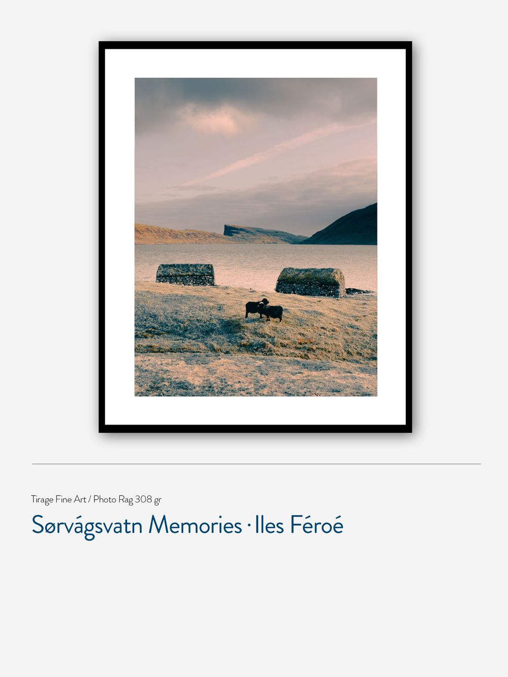 Fine art print of Sørvágsvatn lake in Faroe Islands featuring turf-roofed huts and grazing sheep under dramatic skies.